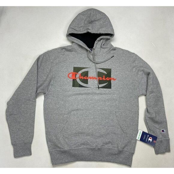 Champion Graphic Powerblend Pullover Hoodie Men Medium Gray GF89H NWT - Picture 1 of 9